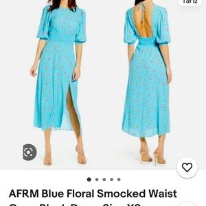 AFRM Blue Puff Sleeve Smocked Sundress
